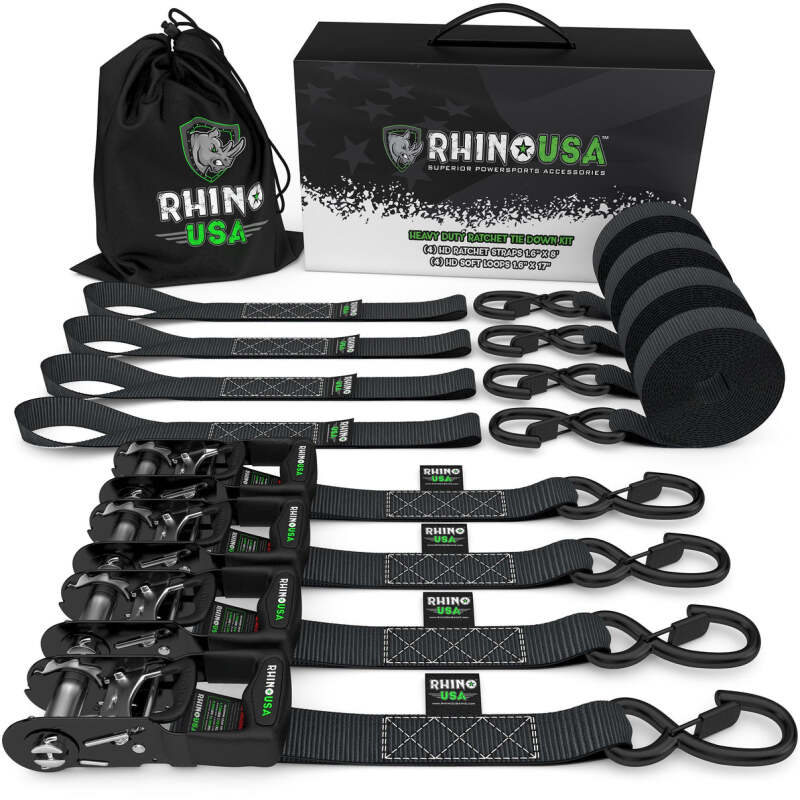 Rhino USA Heavy Duty Ratchet Tie-Down 4-Pack Black 1.6In X 15Ft