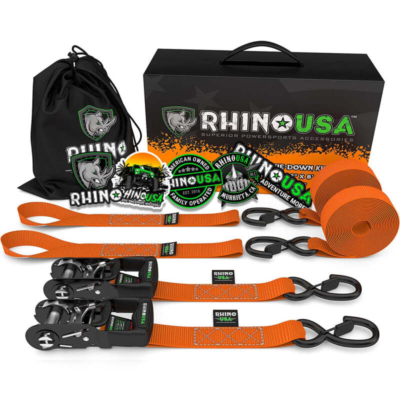 Rhino USA Heavy Duty Ratchet Tie-Downs 2-Pack (Black) 1.6In X 8Ft