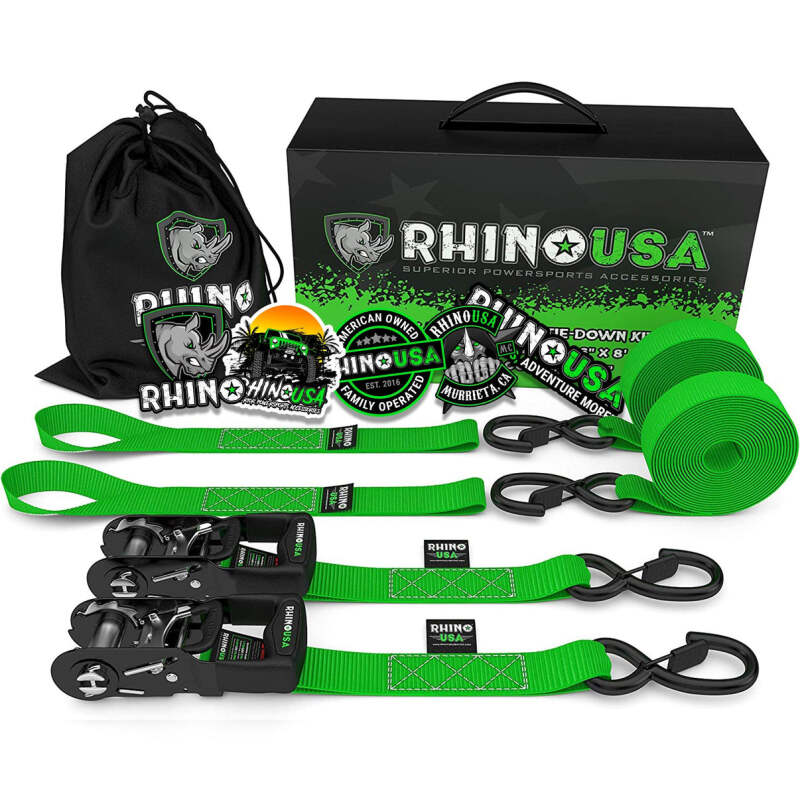 Rhino USA Heavy Duty Ratchet Tie-Downs 2-Pack (Black) 1.6In X 8Ft