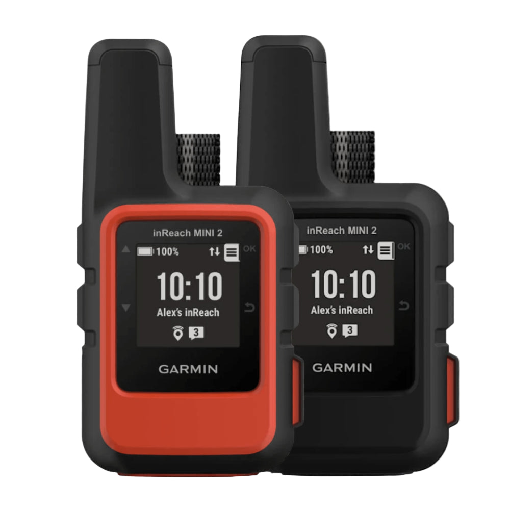 Two Garmin inReach Mini 2 devices, one red and black, the other black and red, on a white background.