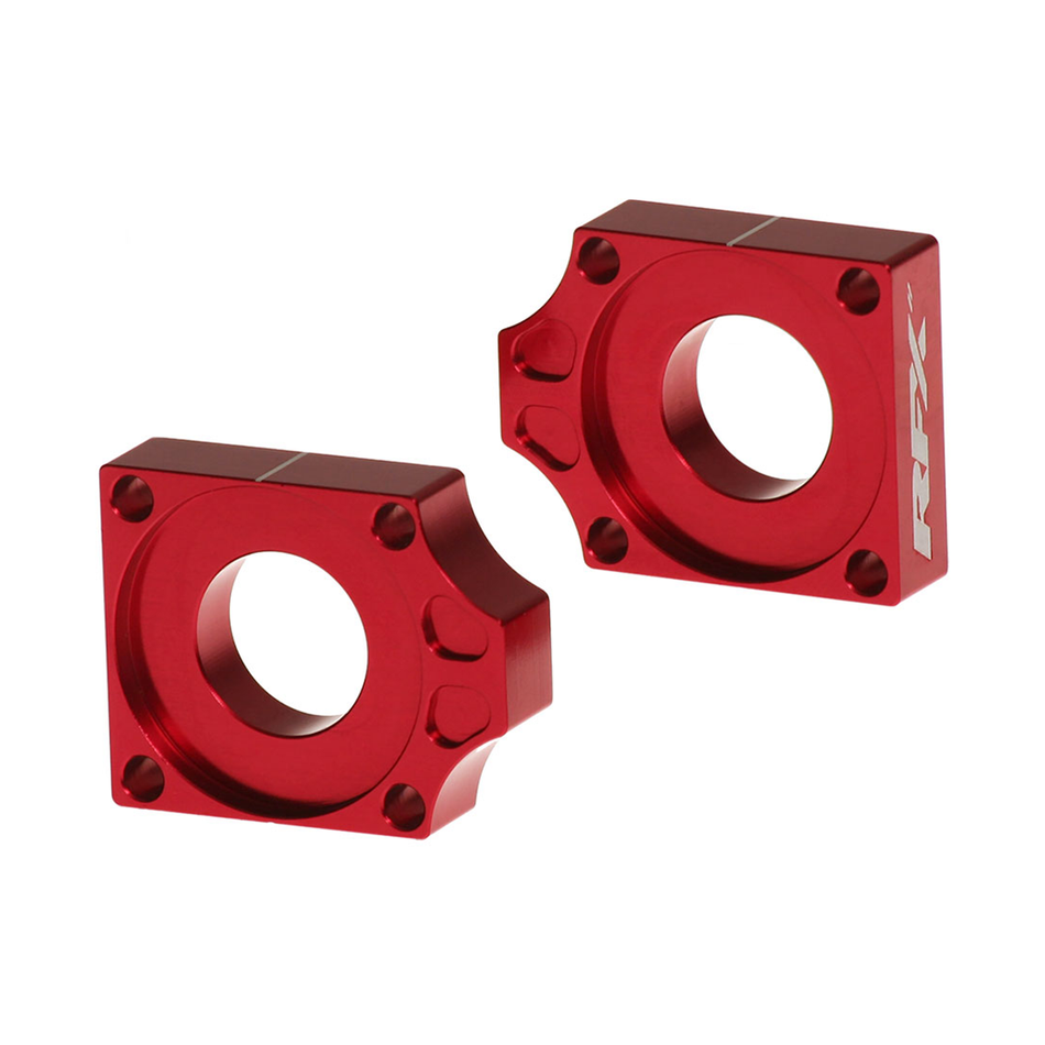 RFX Pro Series rear axle blocks in anodized aluminum with laser etched logo