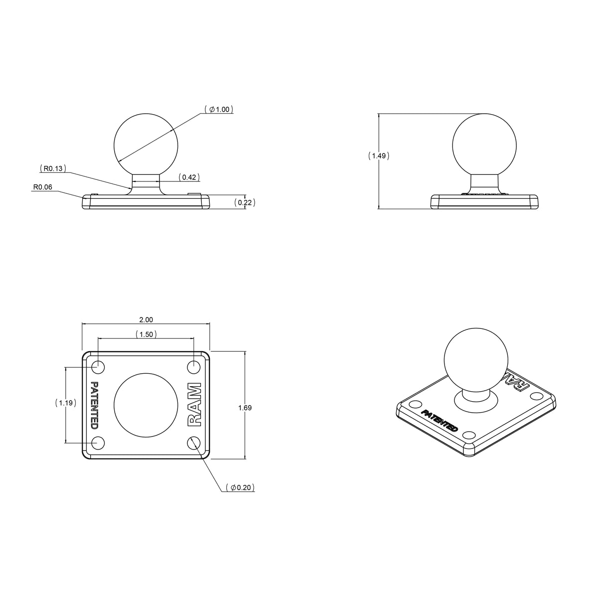 Ram Ball Adapter w/ AMPS Plate - B Size | RAM - B - 347U - MojoMotoSport.com